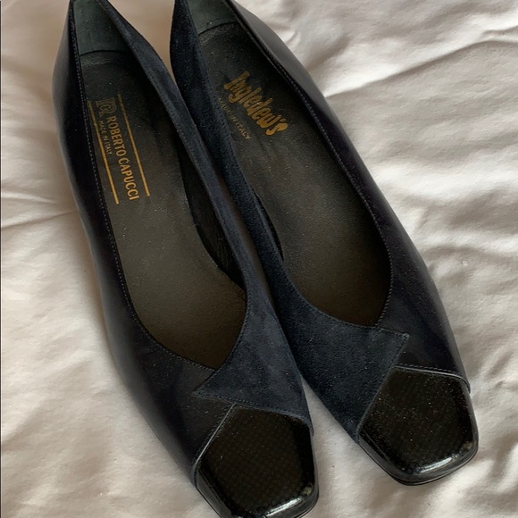 Navy & suede dress flats/loafers 1 1/2” heel - Picture 1 of 6